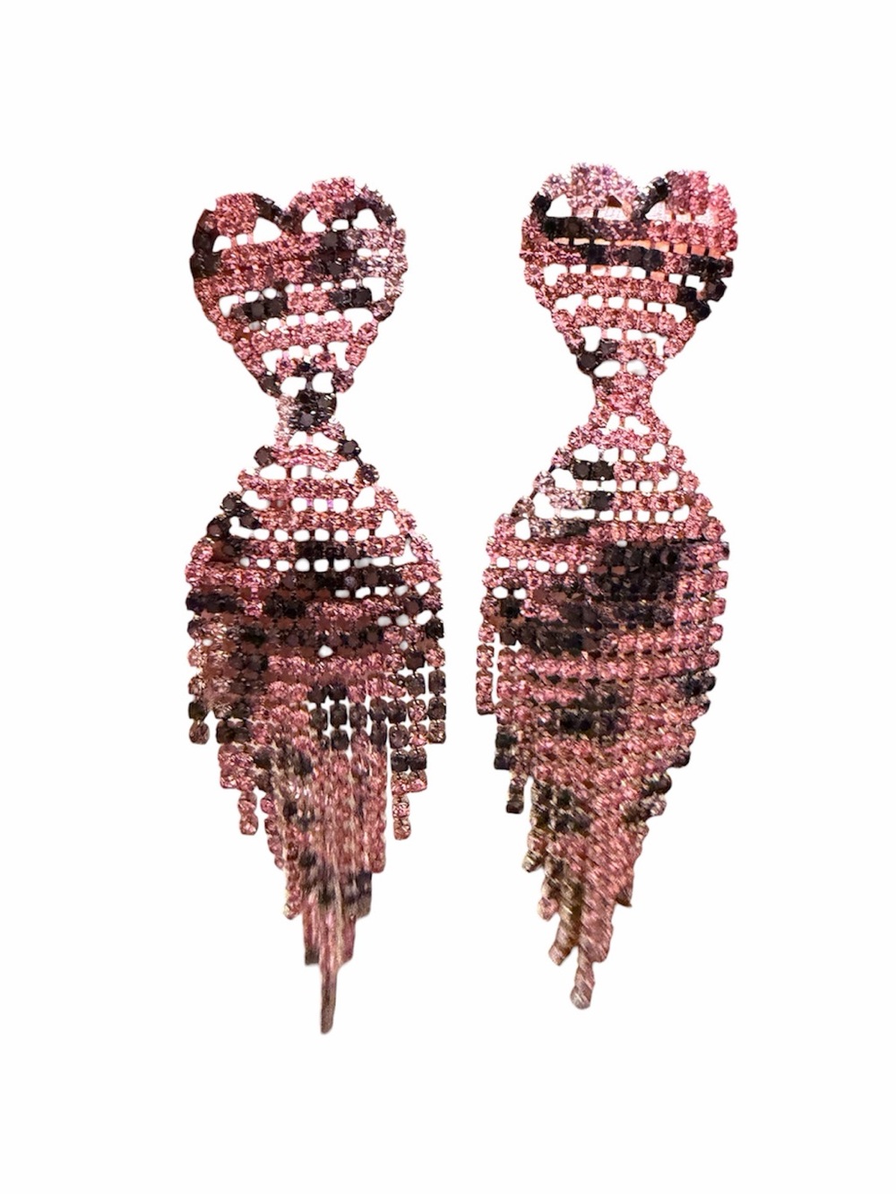 Pink Crystal Heart Fringe Statement Earrings
